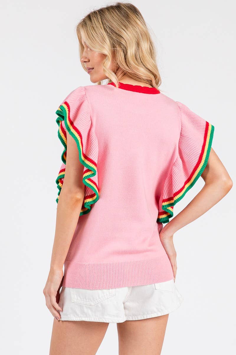 PINK FLORAL RUFFLE KNIT SWEATER TOP