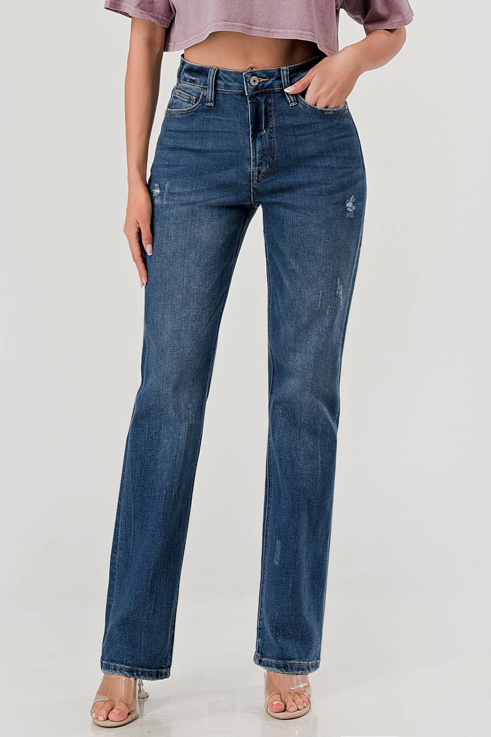 DISTRESSED STRAIGHT FIT JEANS - DARK WASH