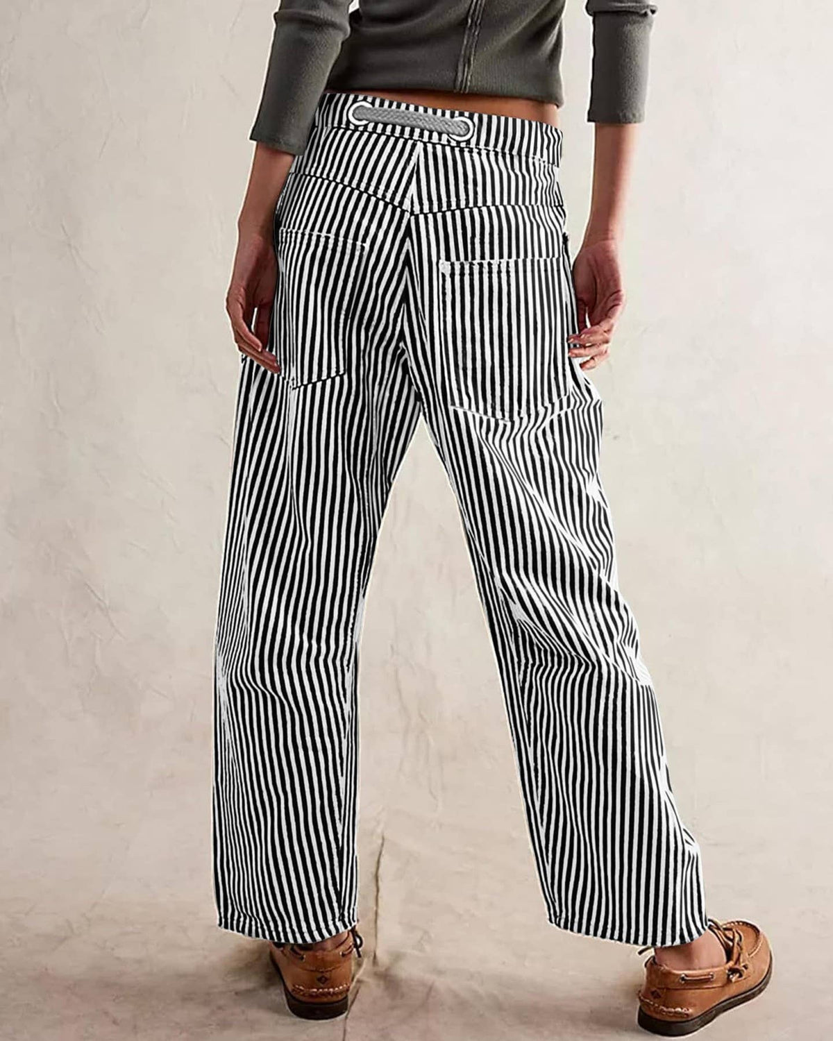 Fashion Mid-Rise Casual Striped Drawstring Wide-Leg Pants