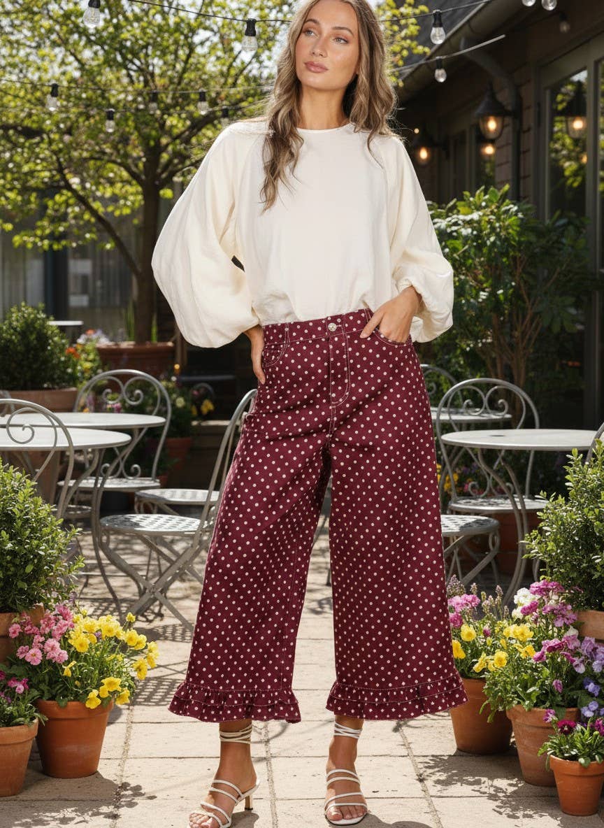 Delightful Polka Dot Casual Ruffle Hem Cropped Pants
