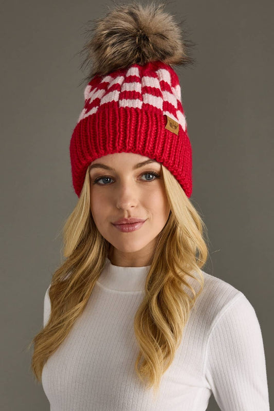 Red & Pink Checkered Pom Hat