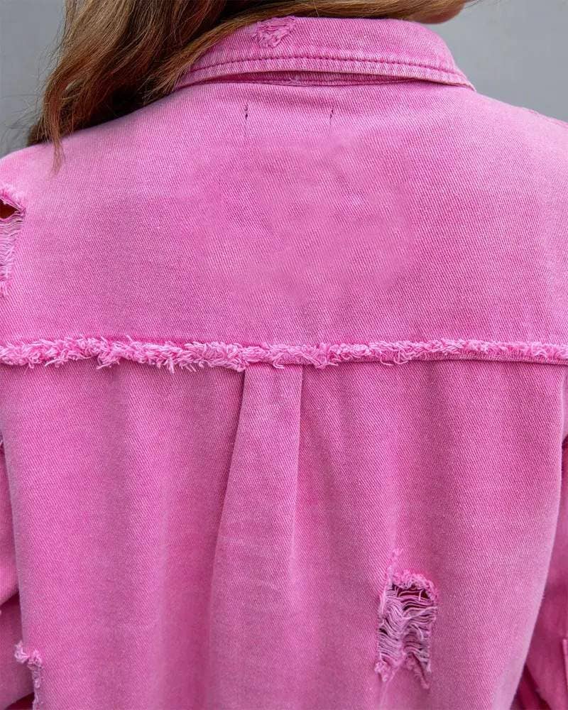 Raw hem pocket design denim coat