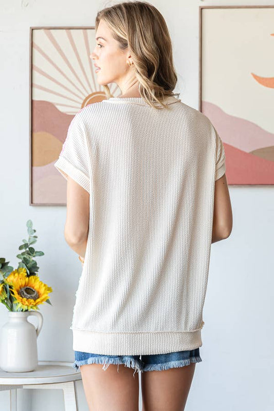 Color Block Textured Patchwork Short Sleeve Top
