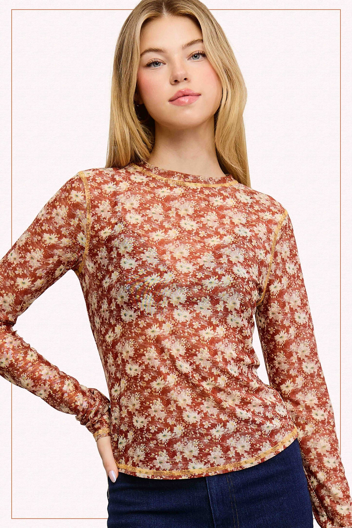 JCT7701-Semi Sheer Crew Neck Long Sleeve Mesh Layering Top