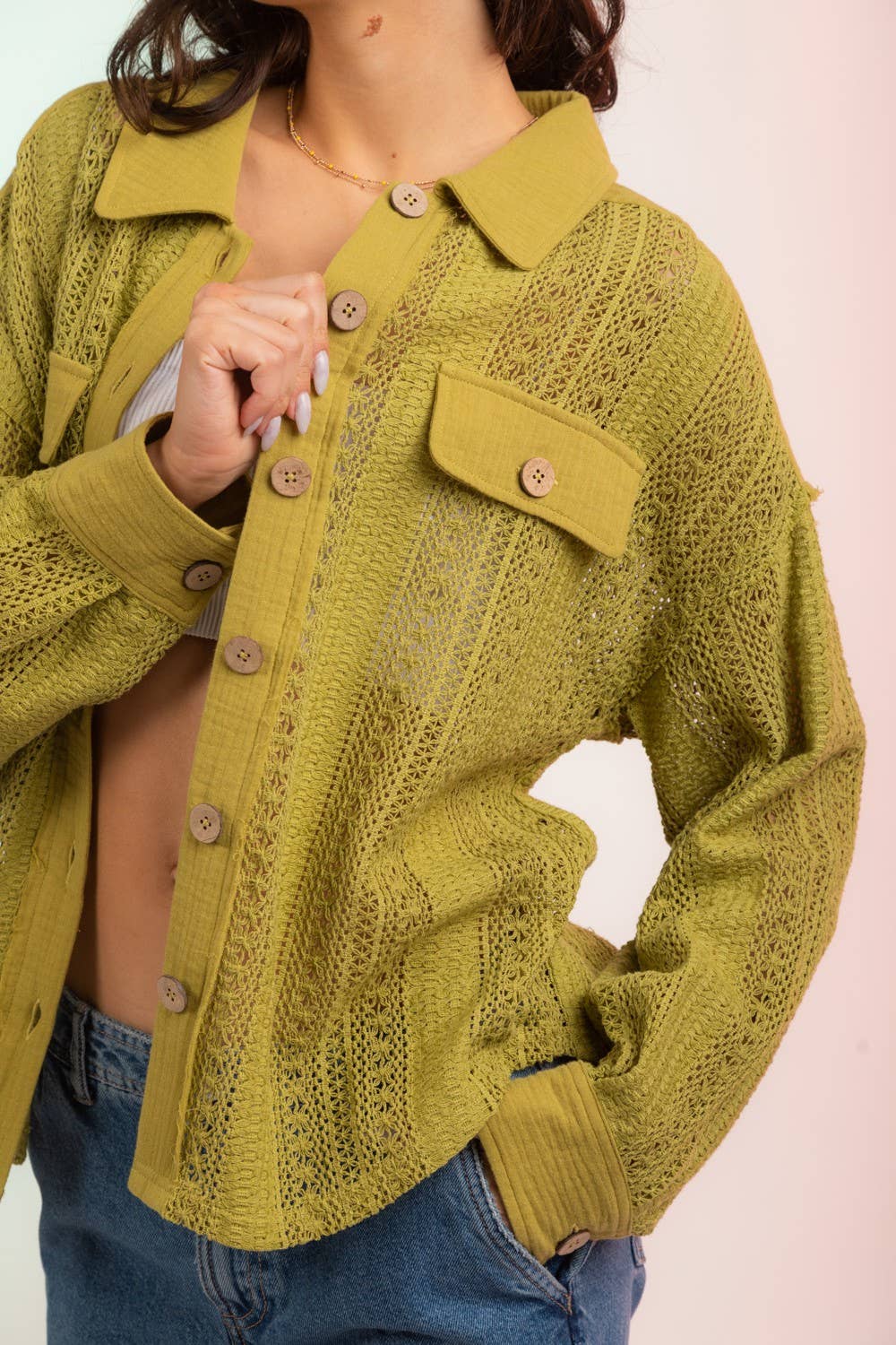 Lace Crochet Button Down Sheer Shacket
