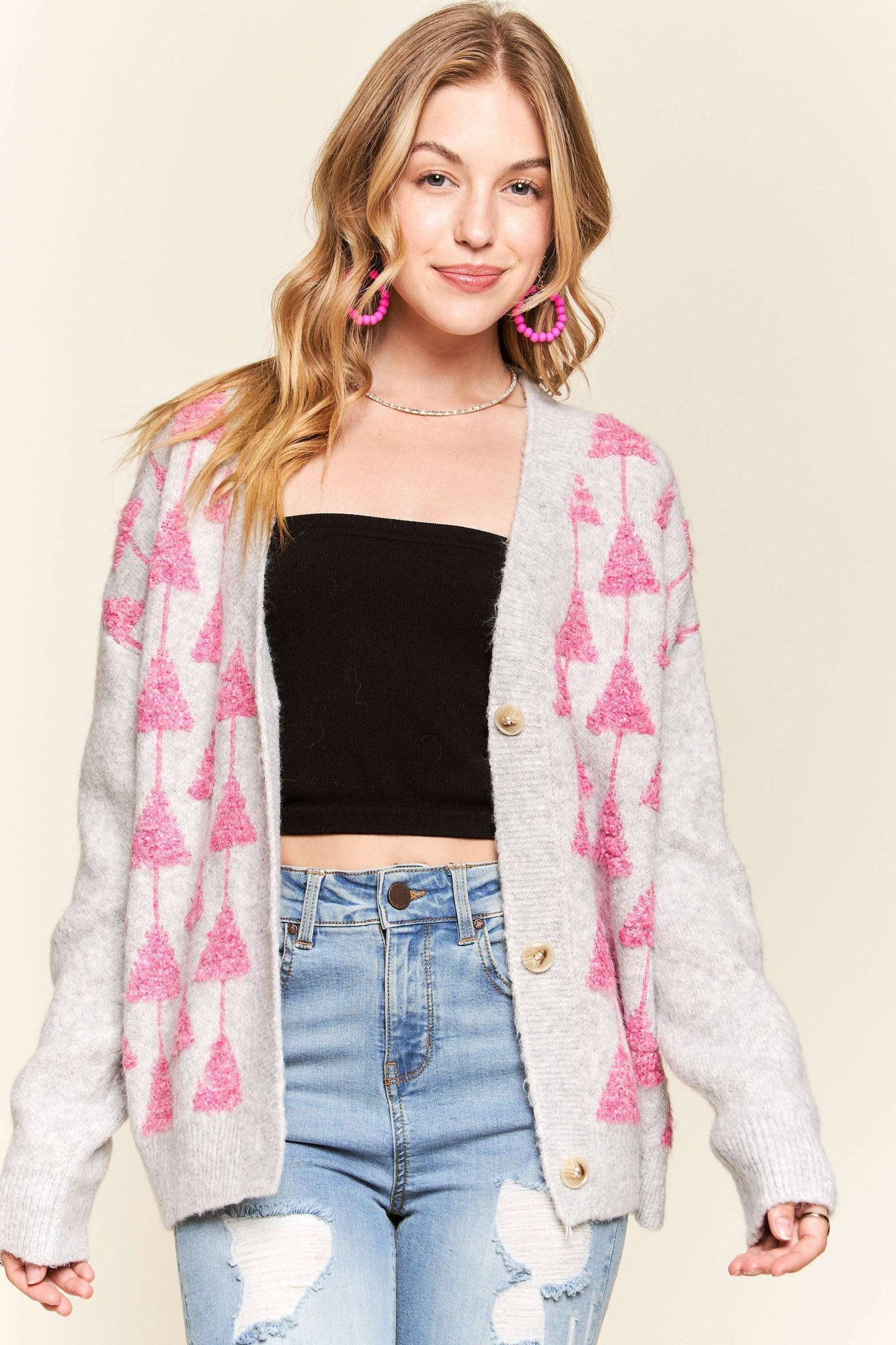 FLUFFY TREE ACCENT CARDIGAN