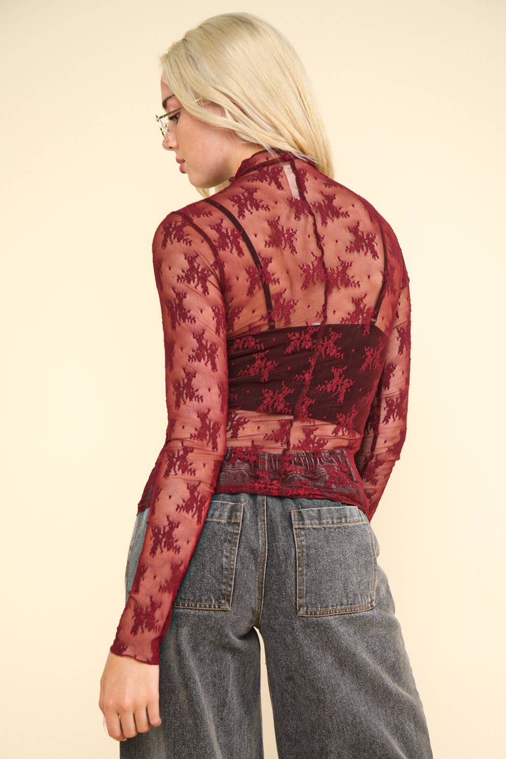 NT11909-High Neck Fitted Sheer Mesh Lace Knit Top