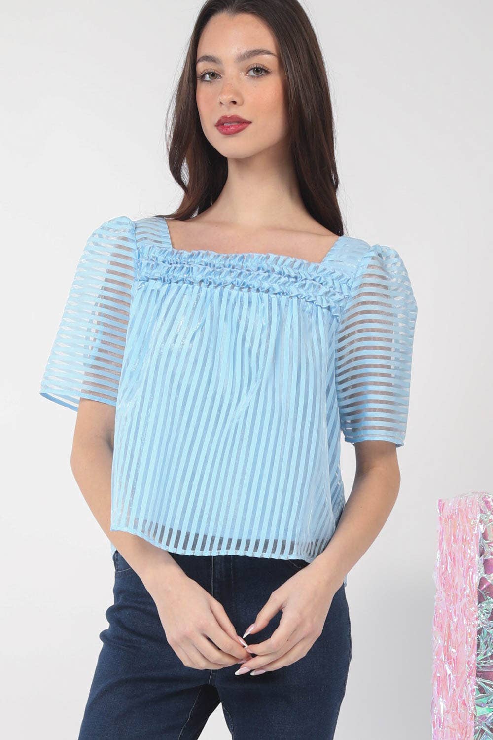 Puff Sleeve Organza Stripe Sheer Blouse Top