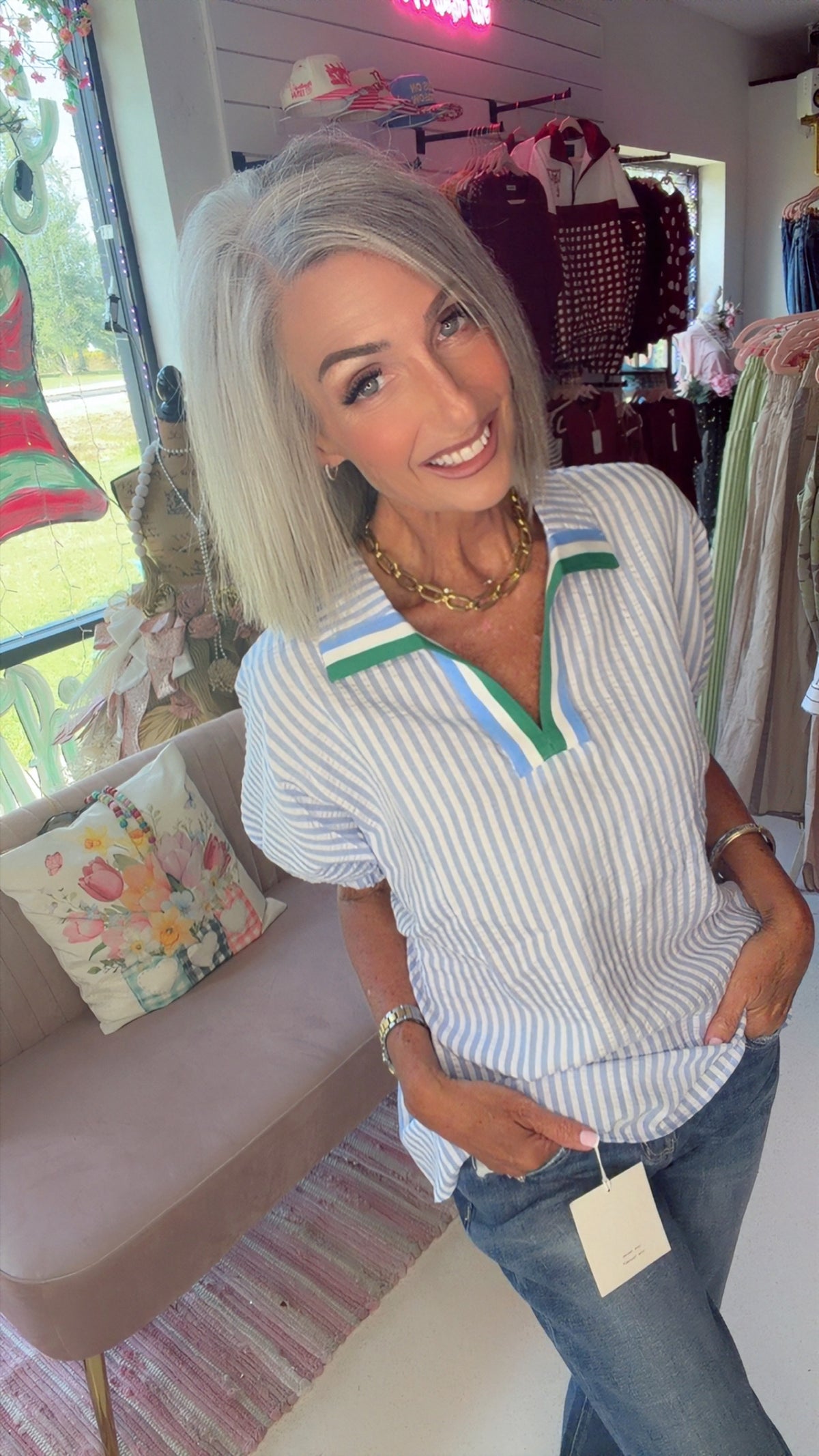 Striped V-Neck Colorblock Blouse Puff Sleeve Casual Top