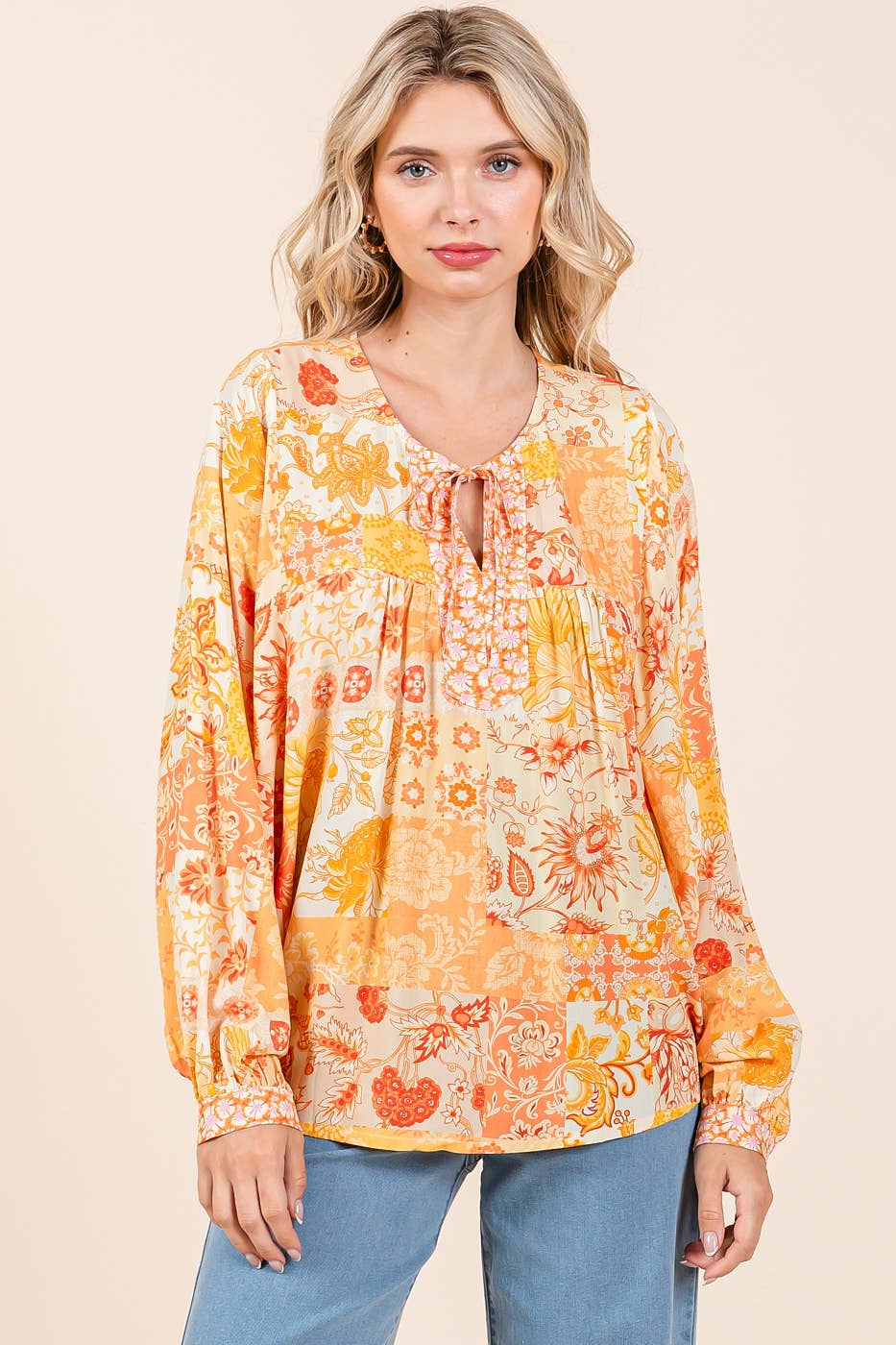 BOHO PATCHWORK PRINT LONG SLEEVE BLOUSE