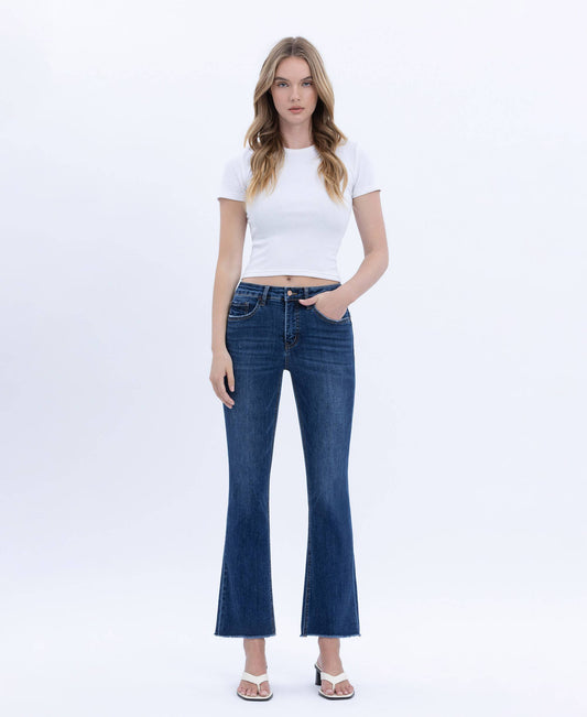 TUMMY CONTROL HIGH RISE RAW HEM KICK FLARE JEANS L