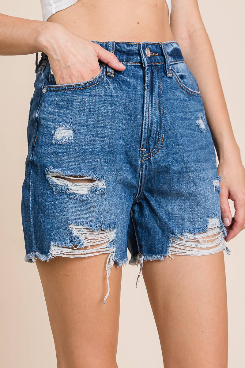 - Dark Wash - High Rise Distressed Denim Shorts