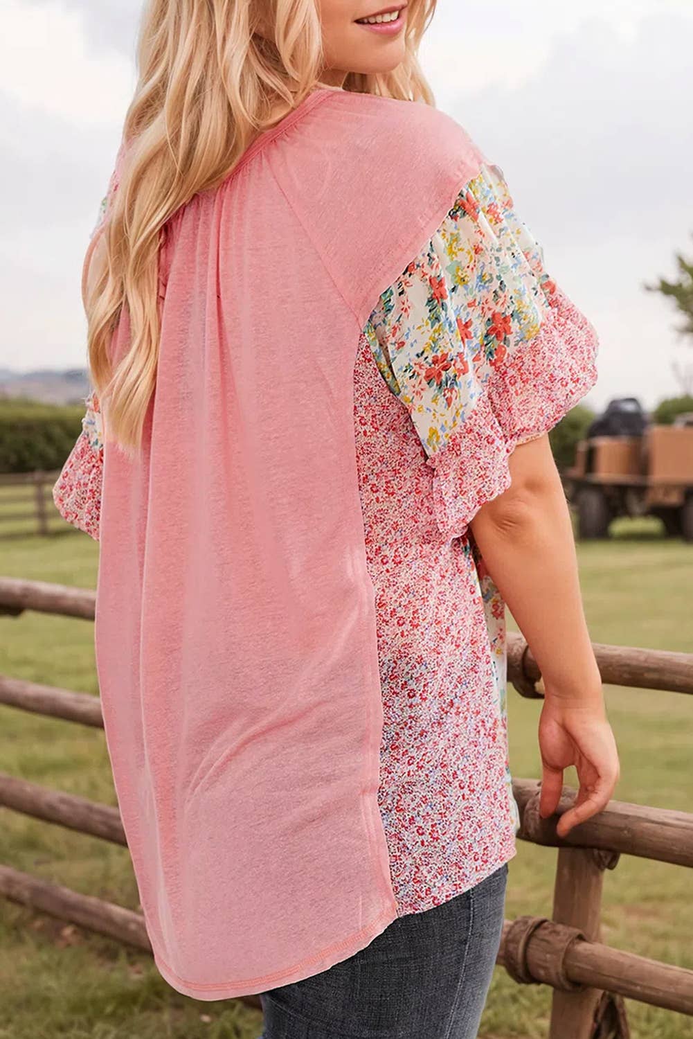 Plus Size Floral Patchwork Ruffle Short Sleeve Blouse