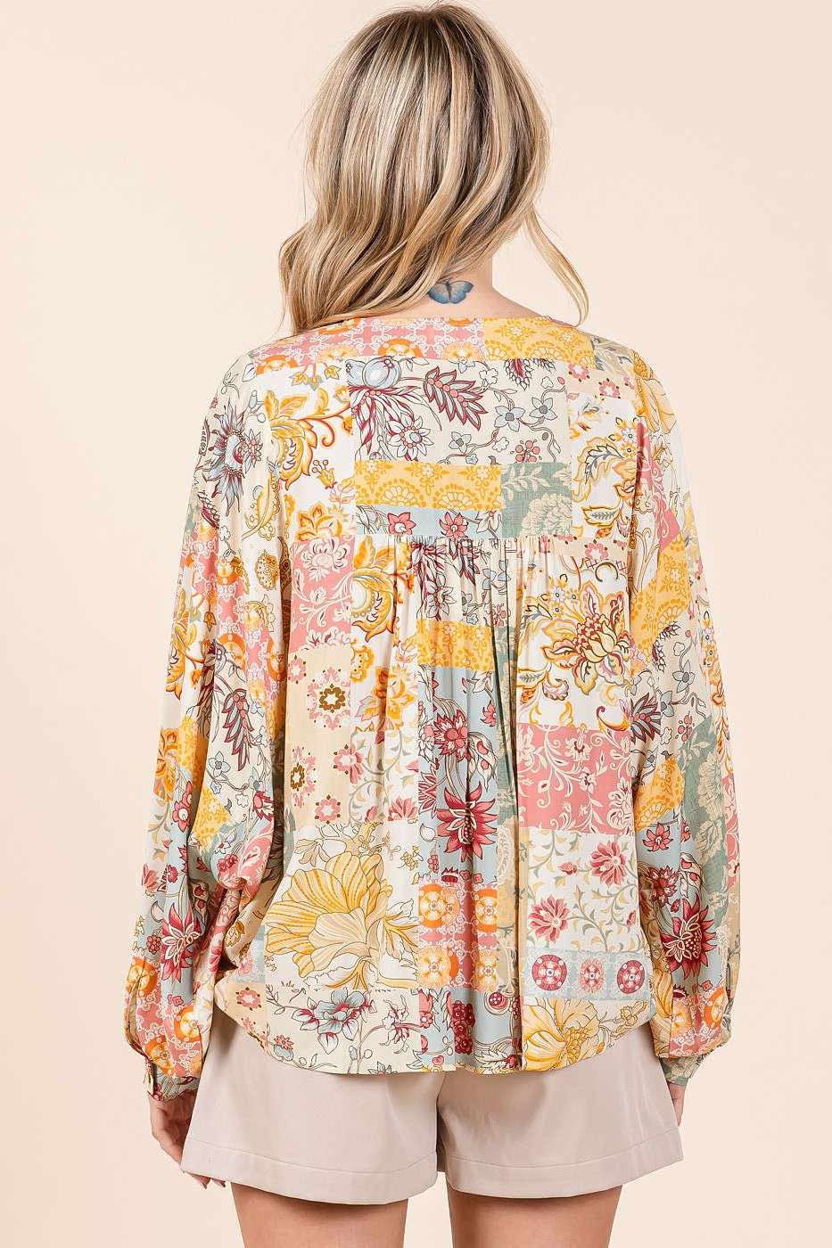BOHO PATCHWORK PRINT LONG SLEEVE BLOUSE