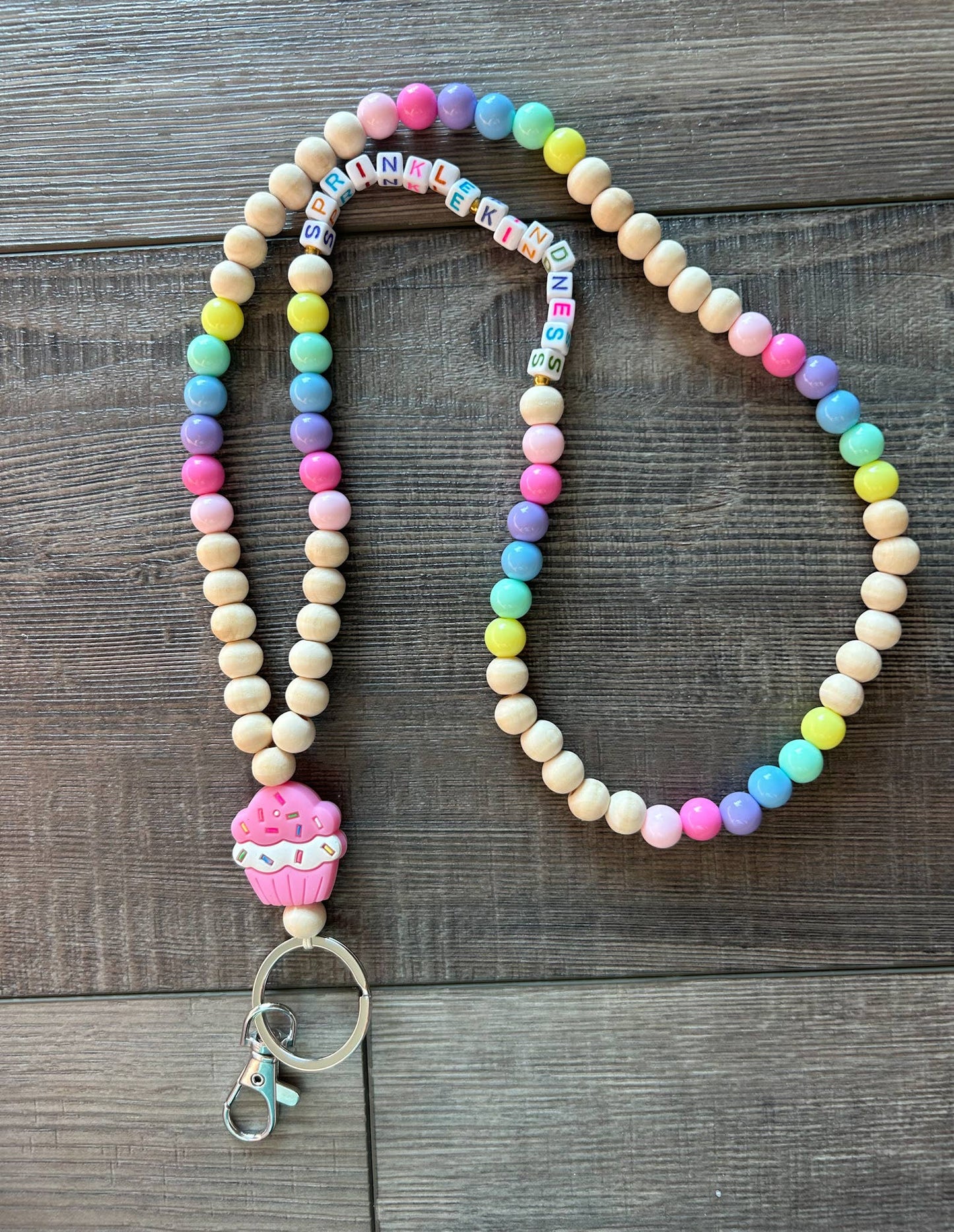 Colorful Beaded Teacher Lanyard with Cupcake Charm