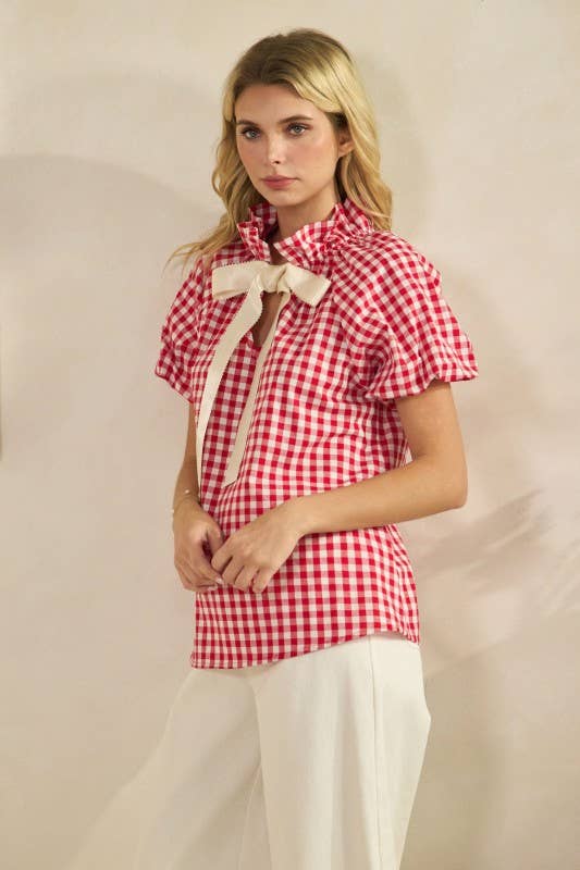 Gingham Check Puff Sleeve Top