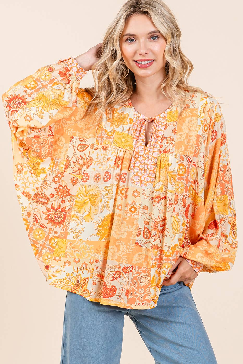 BOHO PATCHWORK PRINT LONG SLEEVE BLOUSE