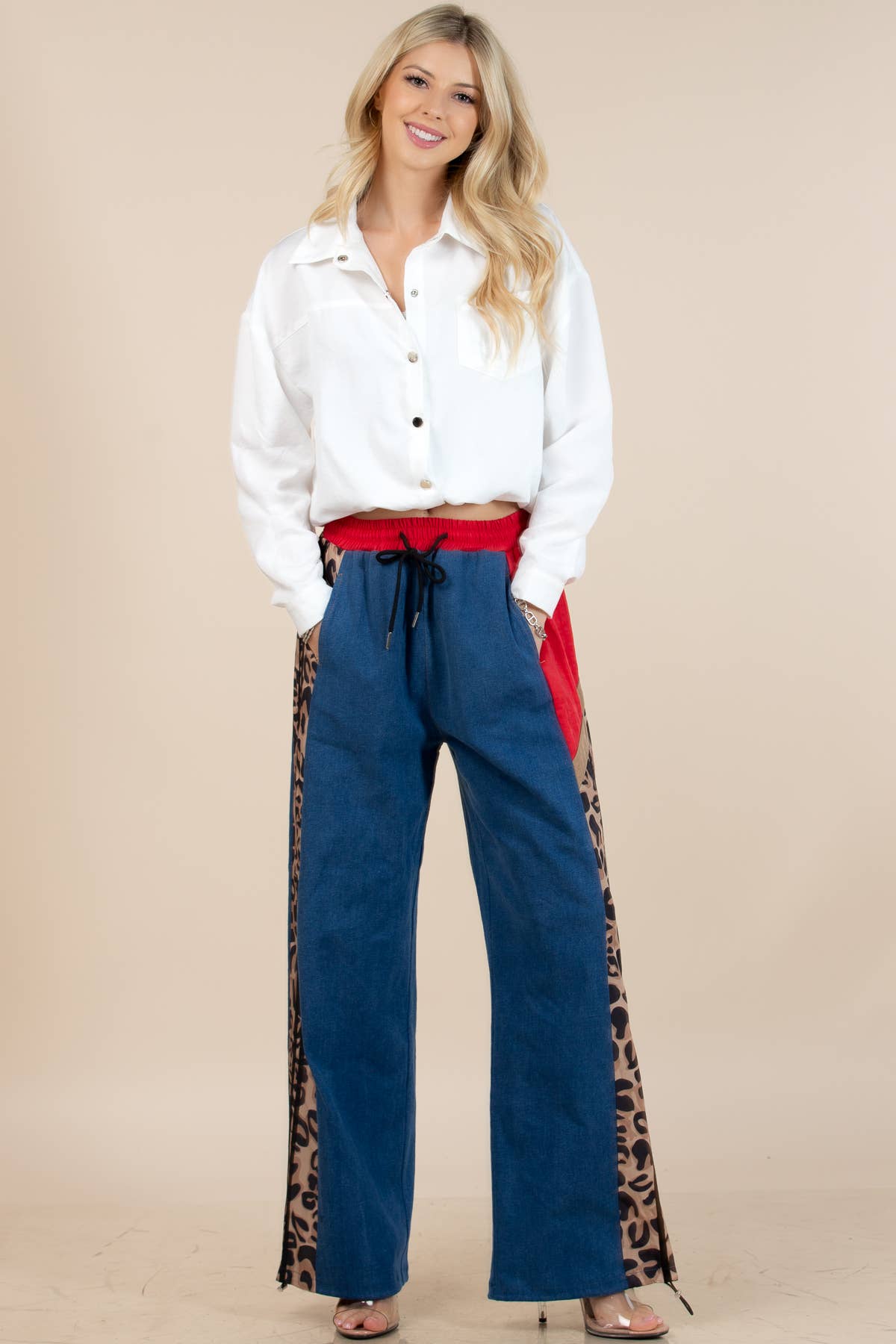 High Waist Animal Print Striped Wide Pants
