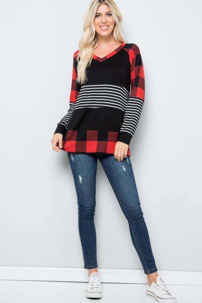 PLAID AND STRIPES LONG SLEEVE TOP -CT43658