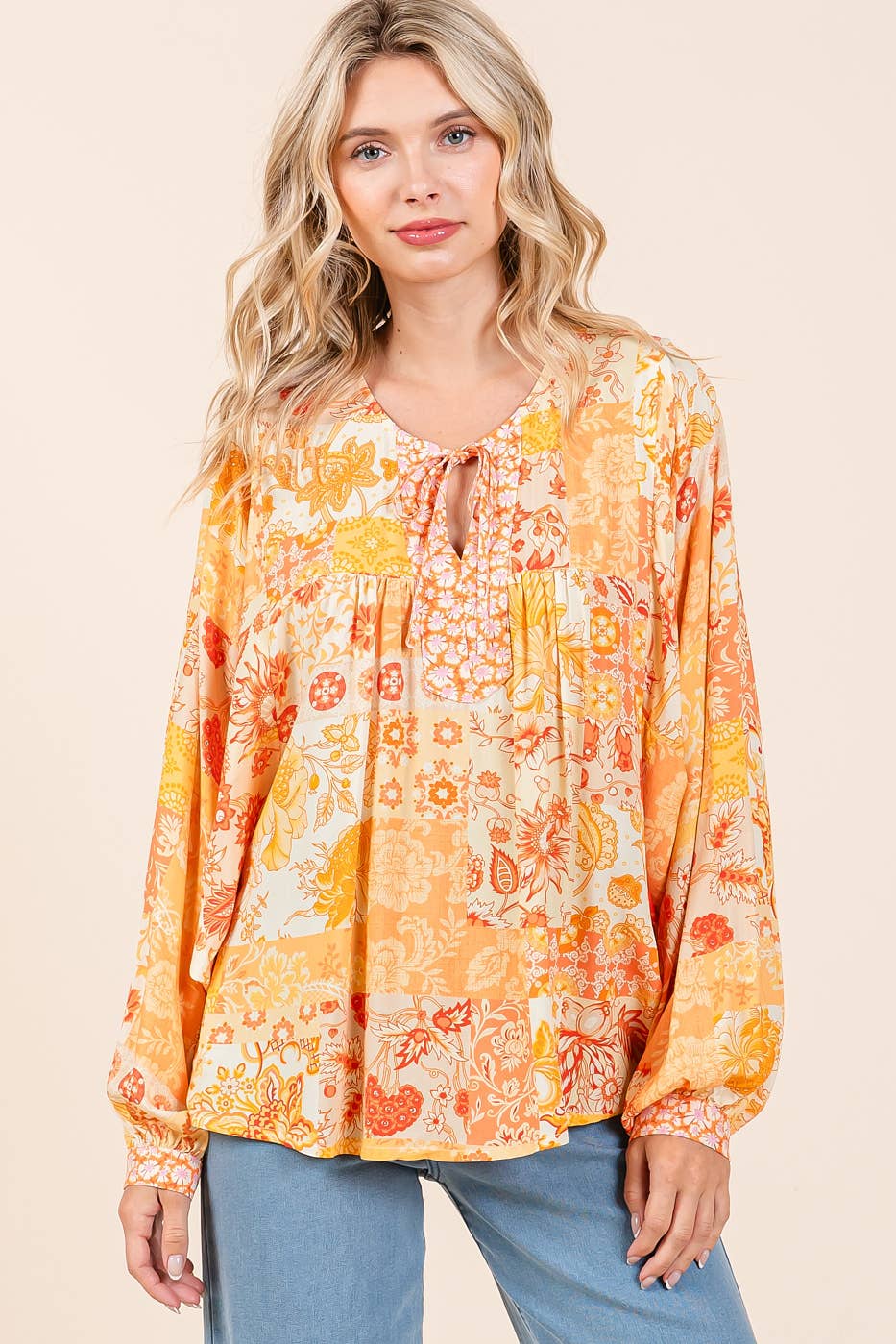 BOHO PATCHWORK PRINT LONG SLEEVE BLOUSE
