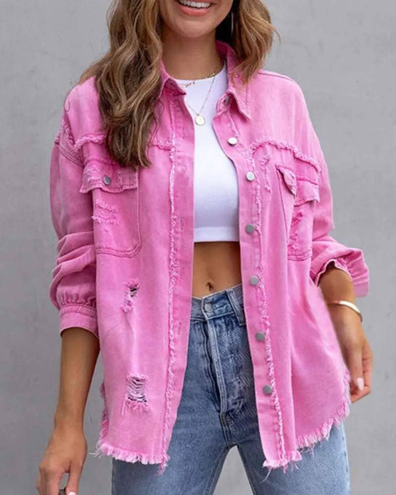 Raw hem pocket design denim coat