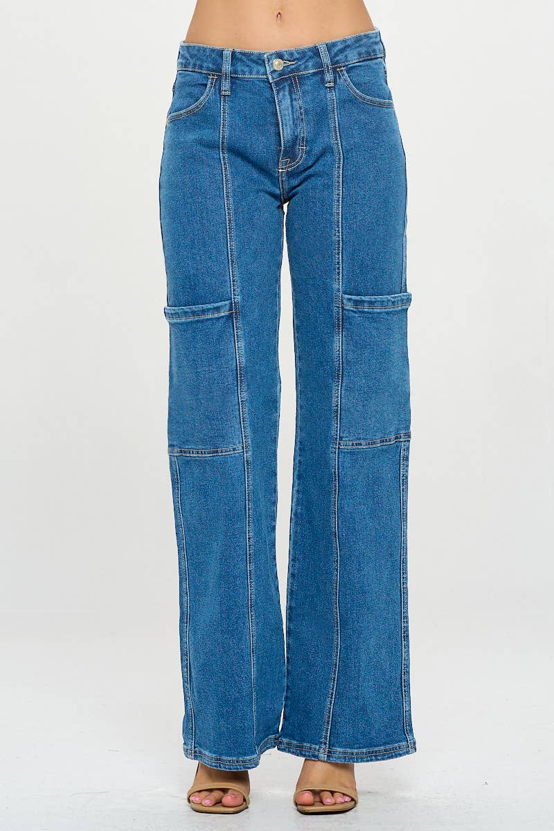 Medium Wash - Mid Rise Cargo Wide Leg Jeans