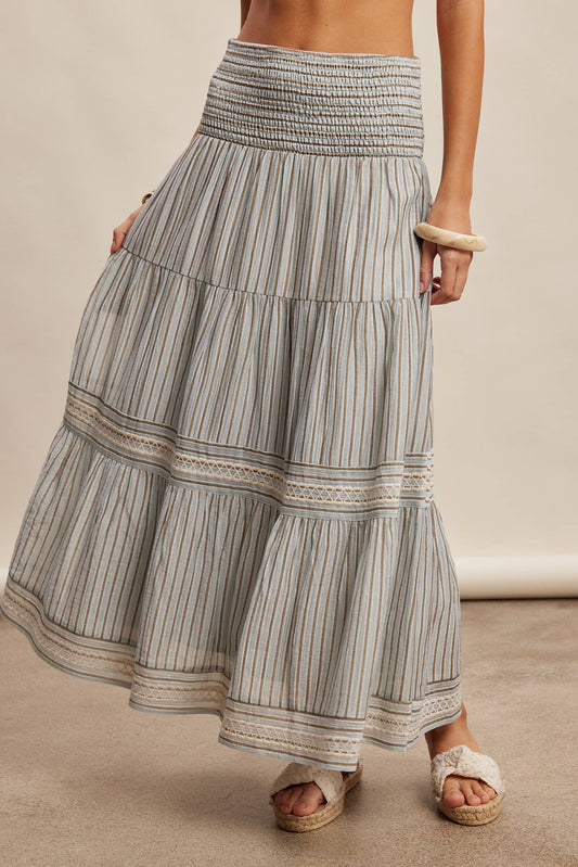 Striped Smocked Maxi Skirt with Embroidery Accents
