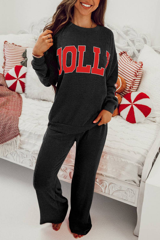 JOLLY/MERRY Ribbed Knit Long Sleeve Top and Pants Set (S-XL)