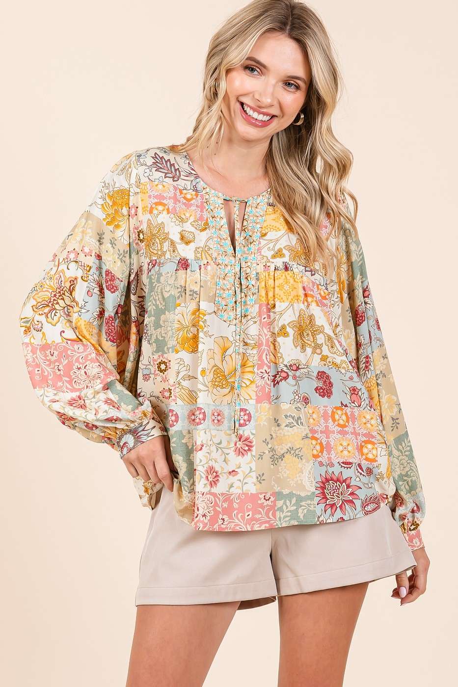 BOHO PATCHWORK PRINT LONG SLEEVE BLOUSE