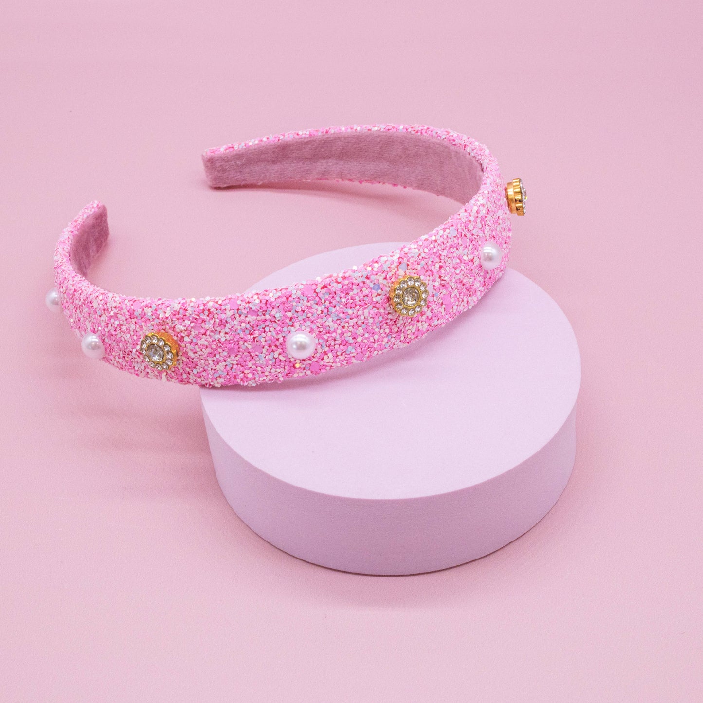 Embellished Glitter Headband (Pearl & Rhinestone Studs)