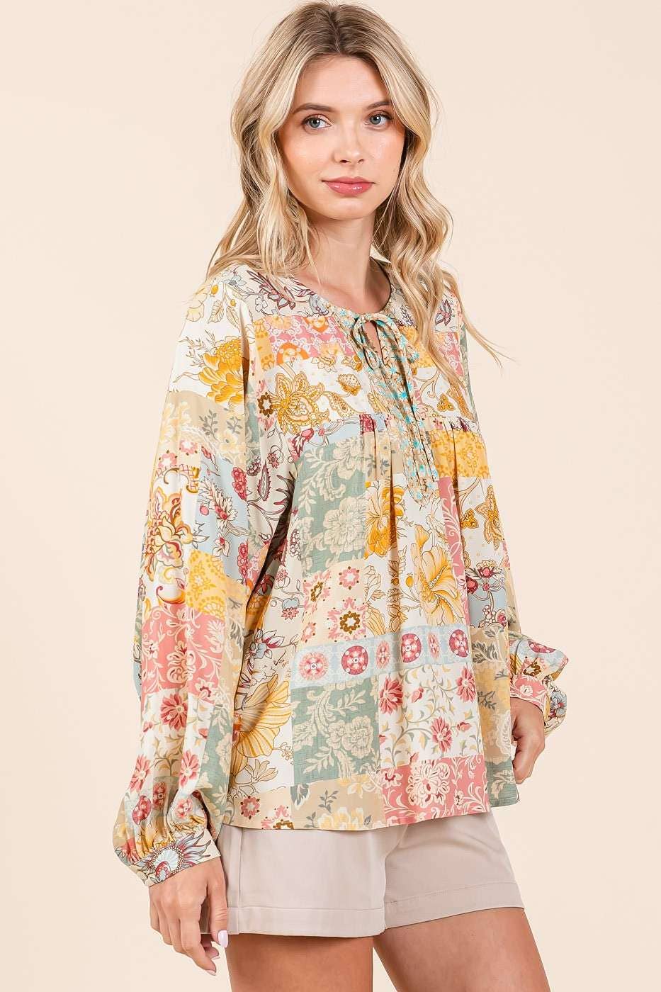 BOHO PATCHWORK PRINT LONG SLEEVE BLOUSE