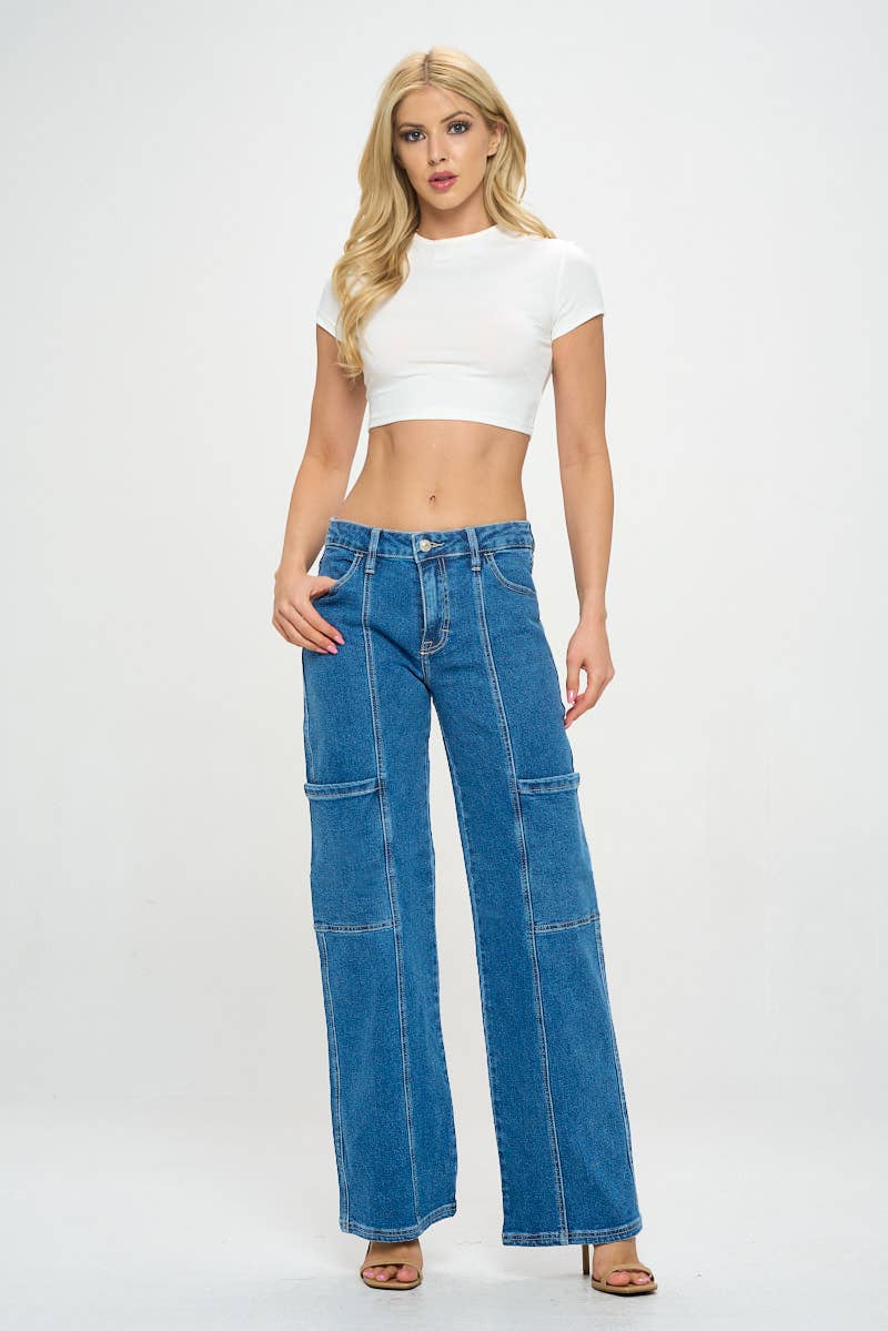 Medium Wash - Mid Rise Cargo Wide Leg Jeans