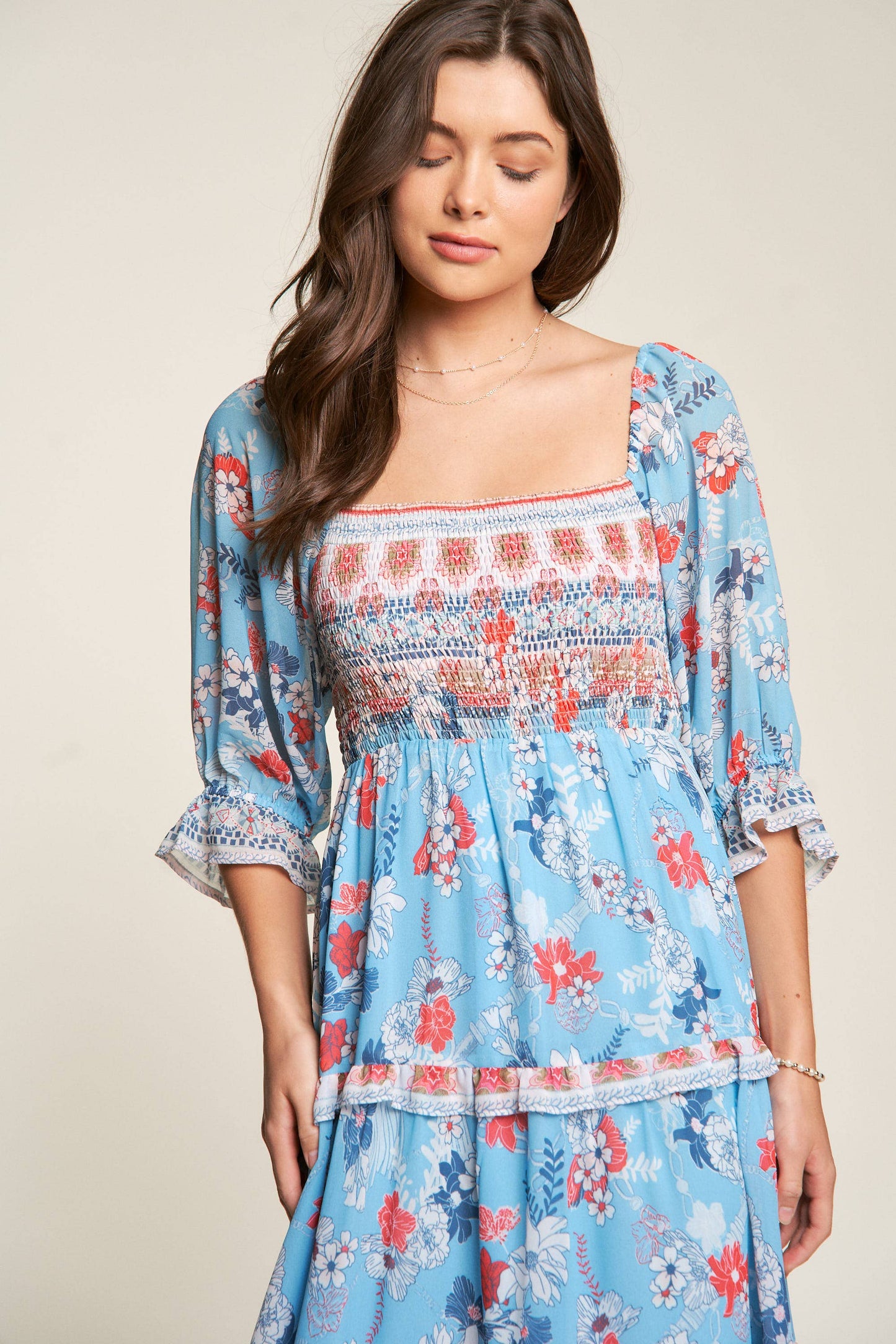 BOHO RUFFLE SMOCKED BODICE SHORT PUFF SLEEVE DRESS
