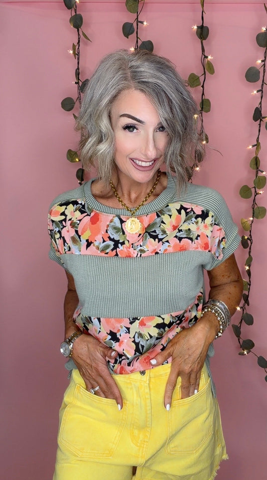 Rib Knit Floral Contrast Panel Short Sleeve Top