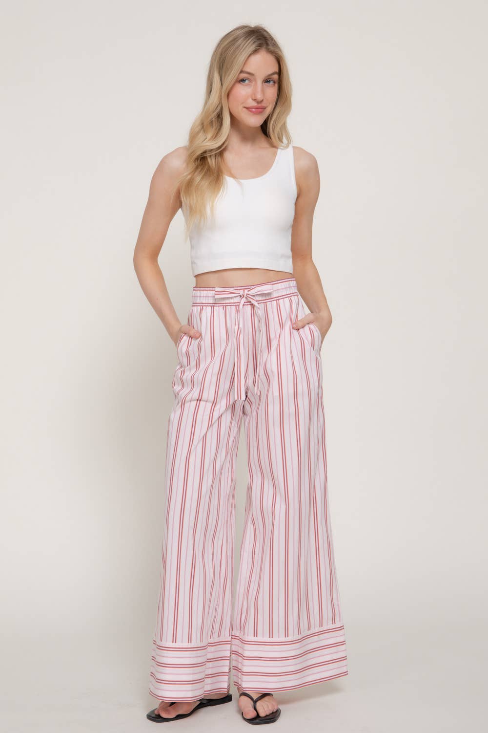 Elastic Waist Multi Stripe Poplin Straight Long Pants