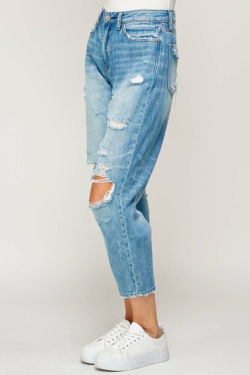 Light Wash - Distressed Mom Jeans