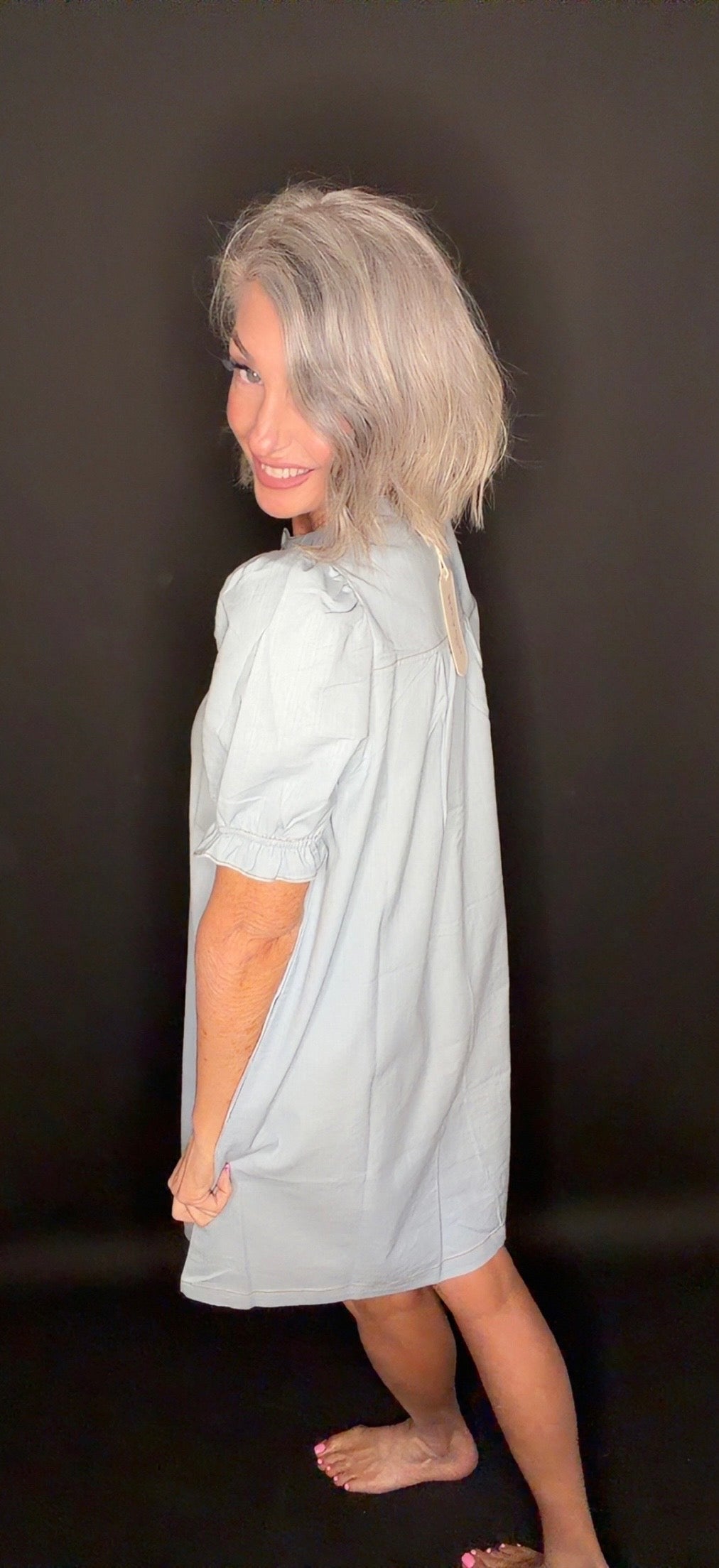 Ruffled Button Placket Accent 100%Cotton Knee Dress
