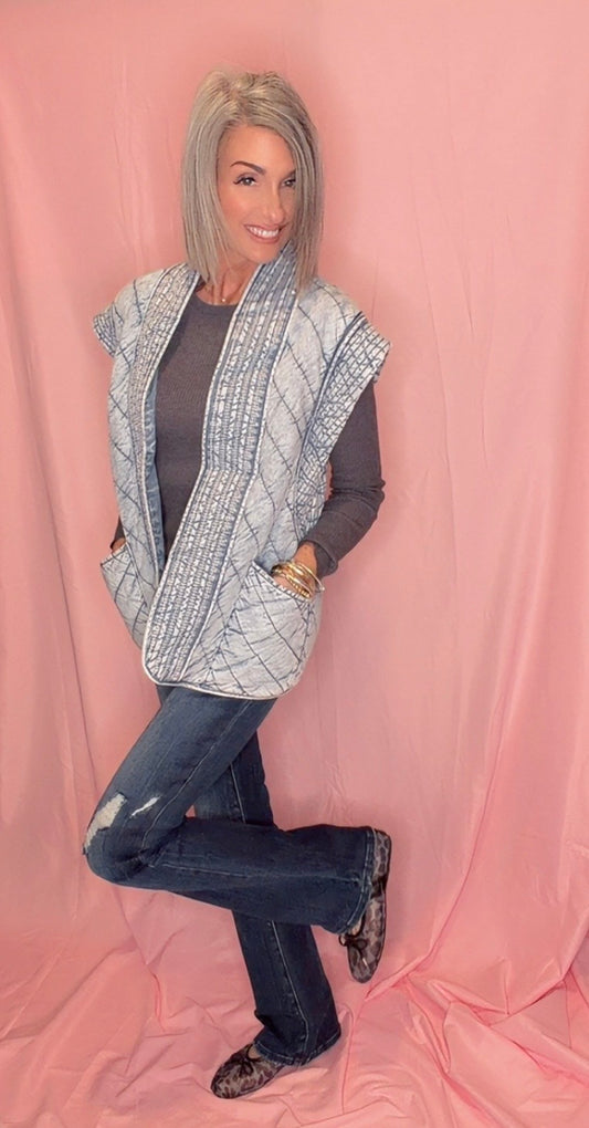 WASHED DENIM QUILTED SHAWL VEST
