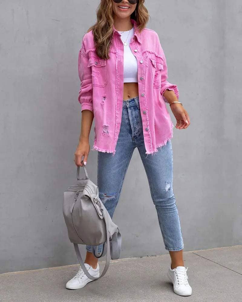 Raw hem pocket design denim coat