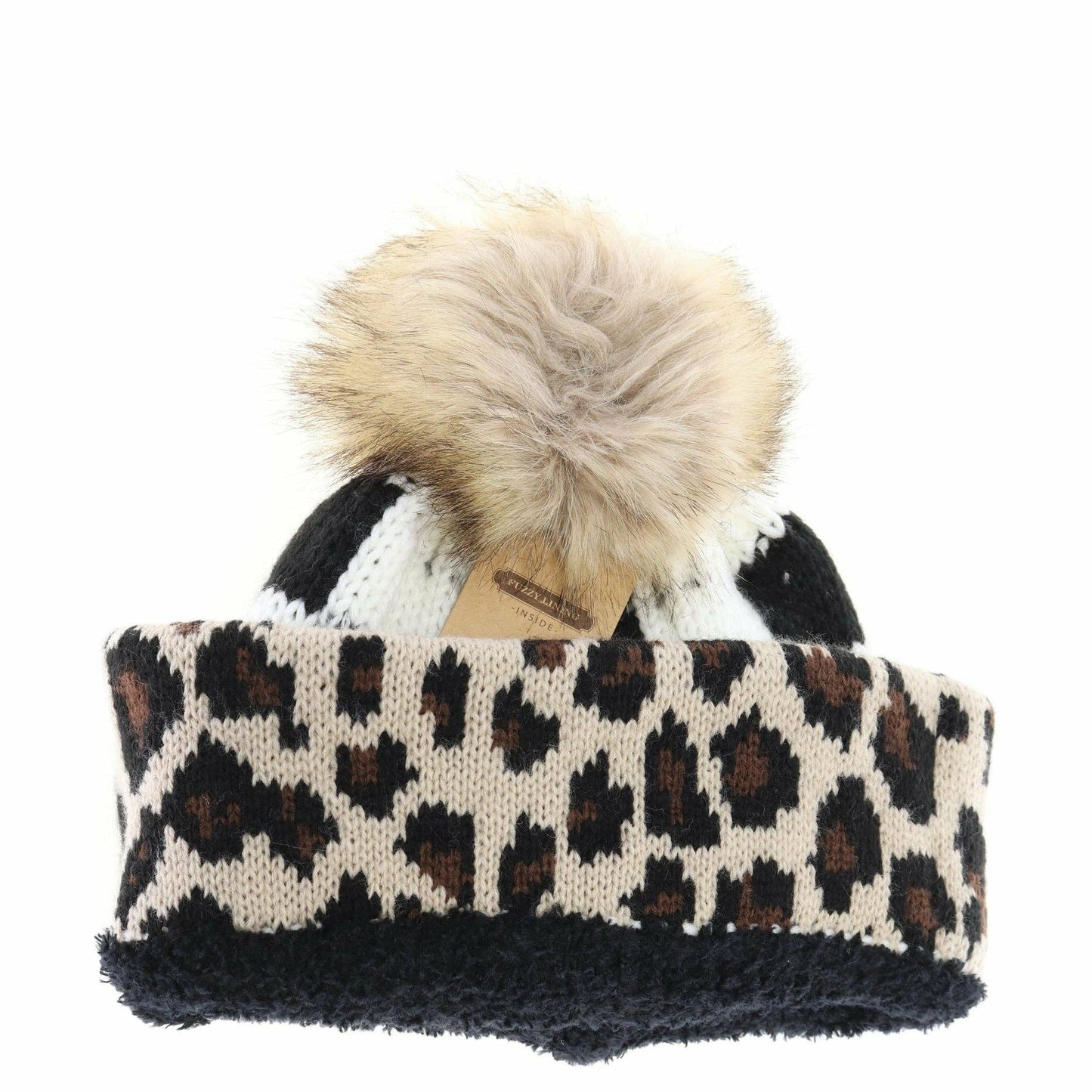 Leopard/Buffalo Mixed Print Fur Pom C.C Beanie