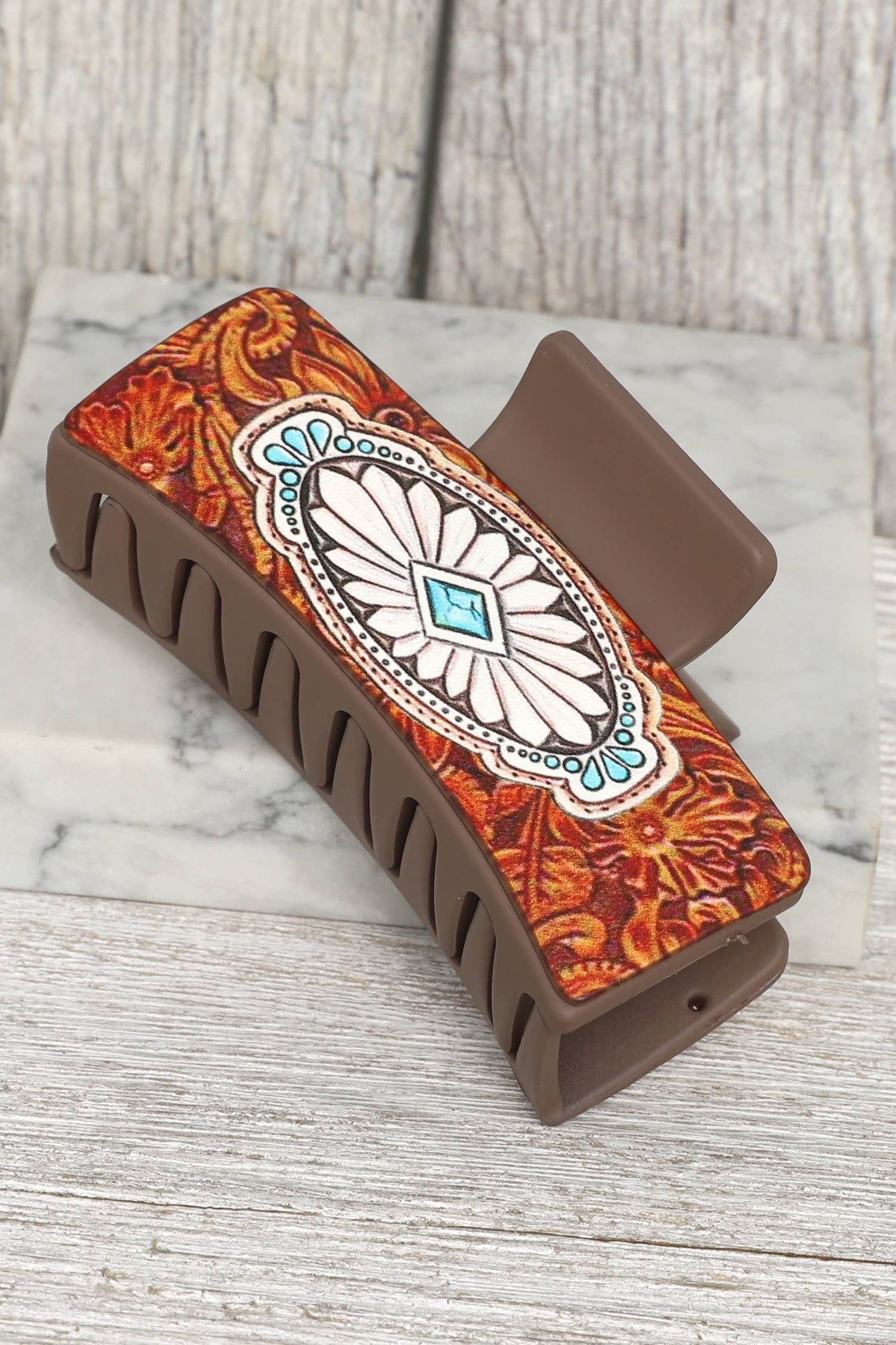 Western Concho Faux Leather Graphic Claw Hair Clip