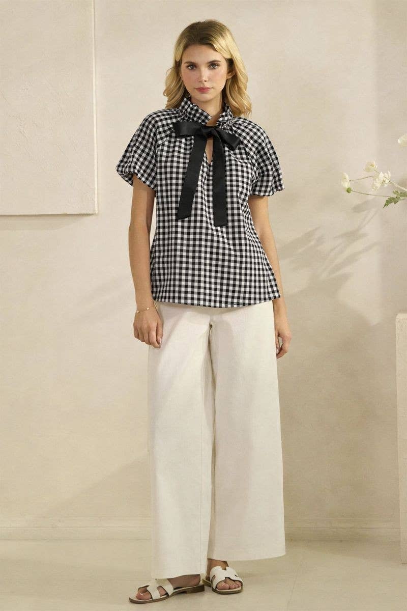 Gingham Check Puff Sleeve Top