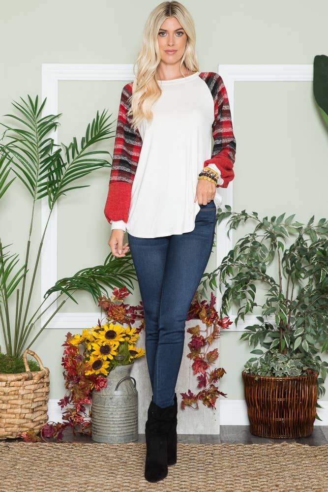 IVORY RED LONG SLEEVE TOP