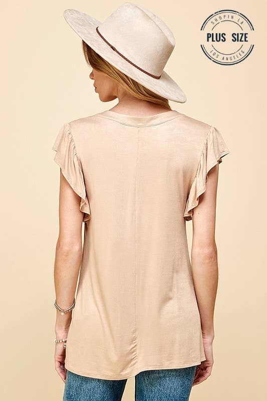 PLUS SIZE SOLID HENLY TOP WITH RUFFLE SLEEVE