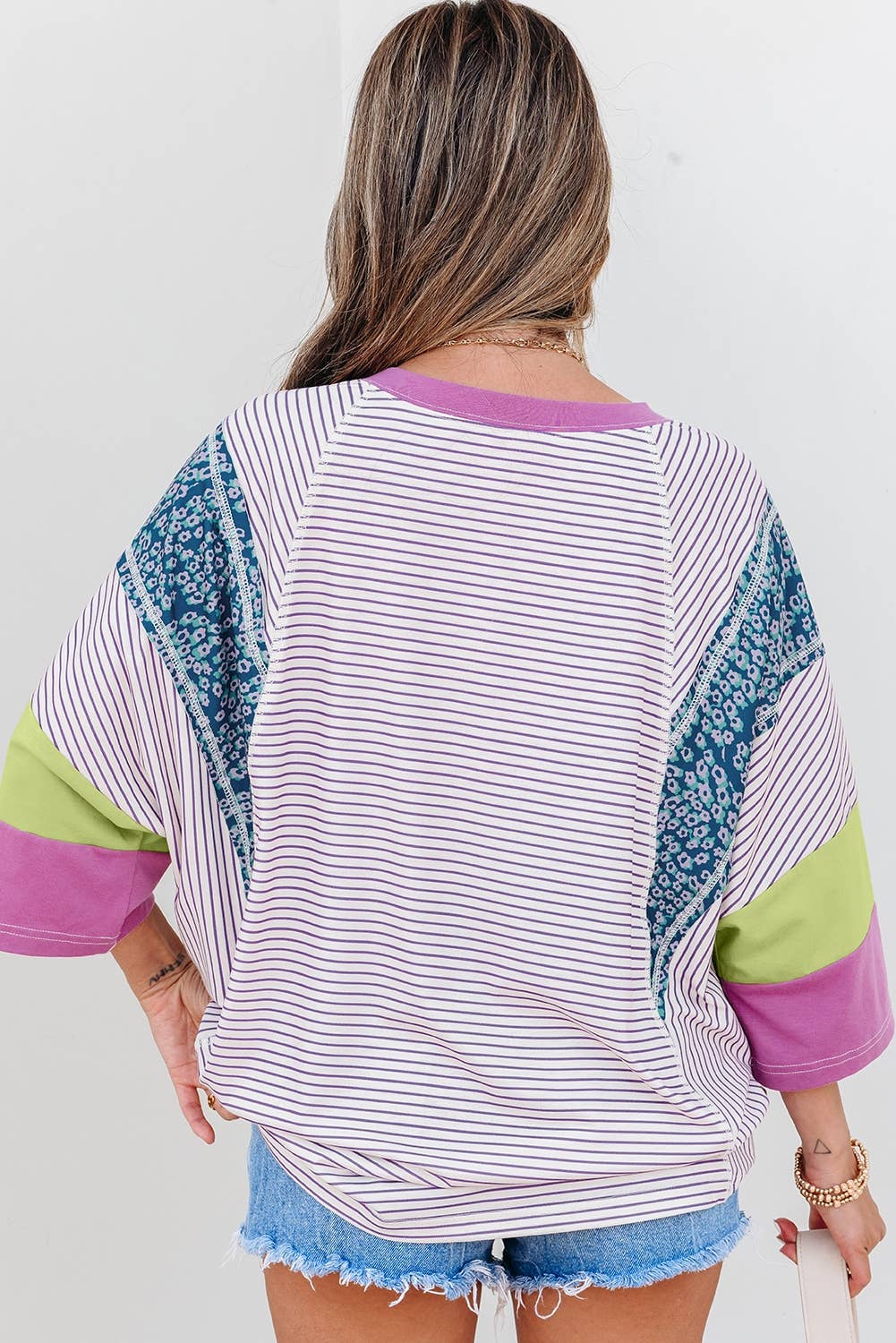 Color Block Raw Edge Patchwork Bracelet Sleeve Blouse