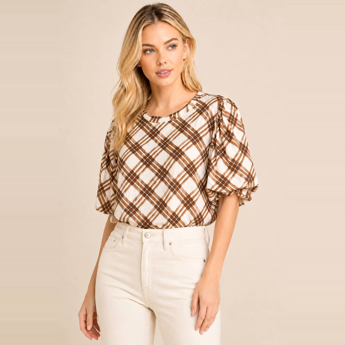 Light blue plaid puff sleeve top
