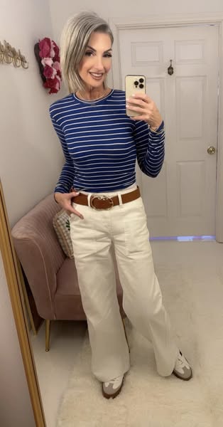 Crew Neck Striped Long Sleeve Causal Knit Top