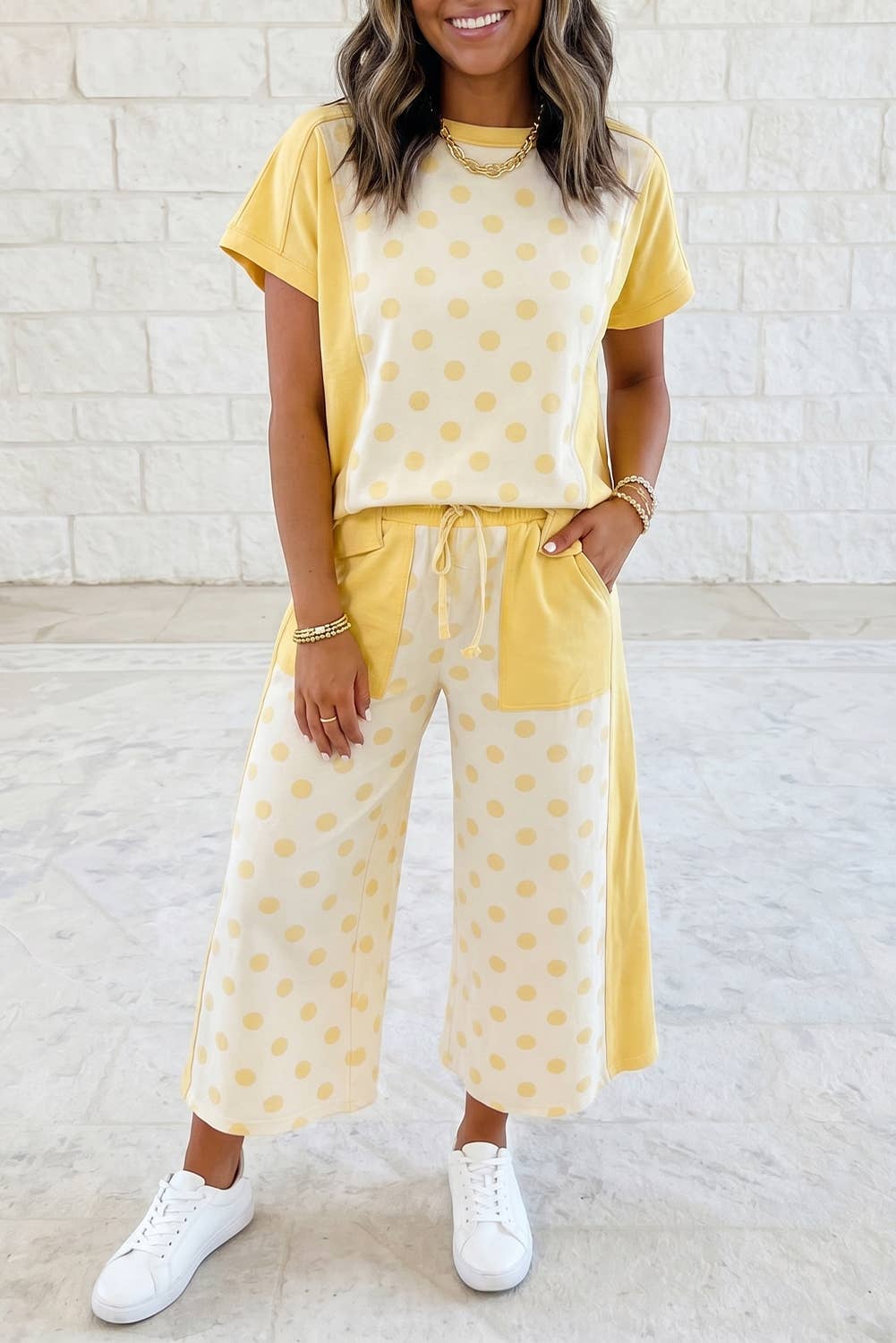 Colorblock Polka Dot Top Pocket Wide Leg Pant 2 PC Sets