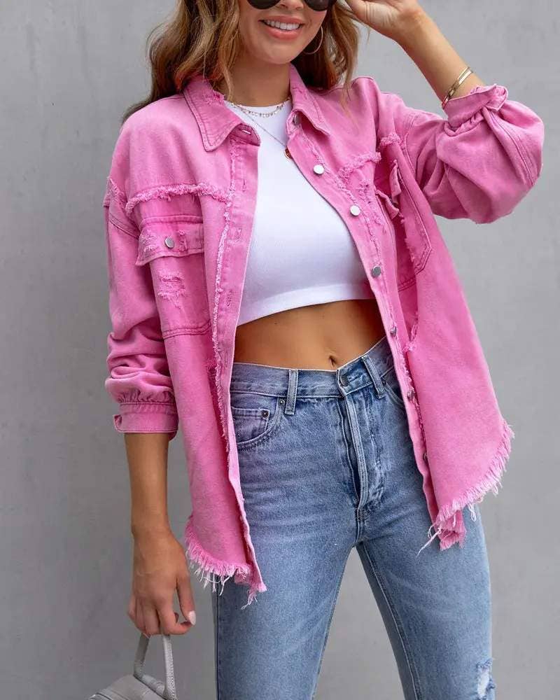 Raw hem pocket design denim coat