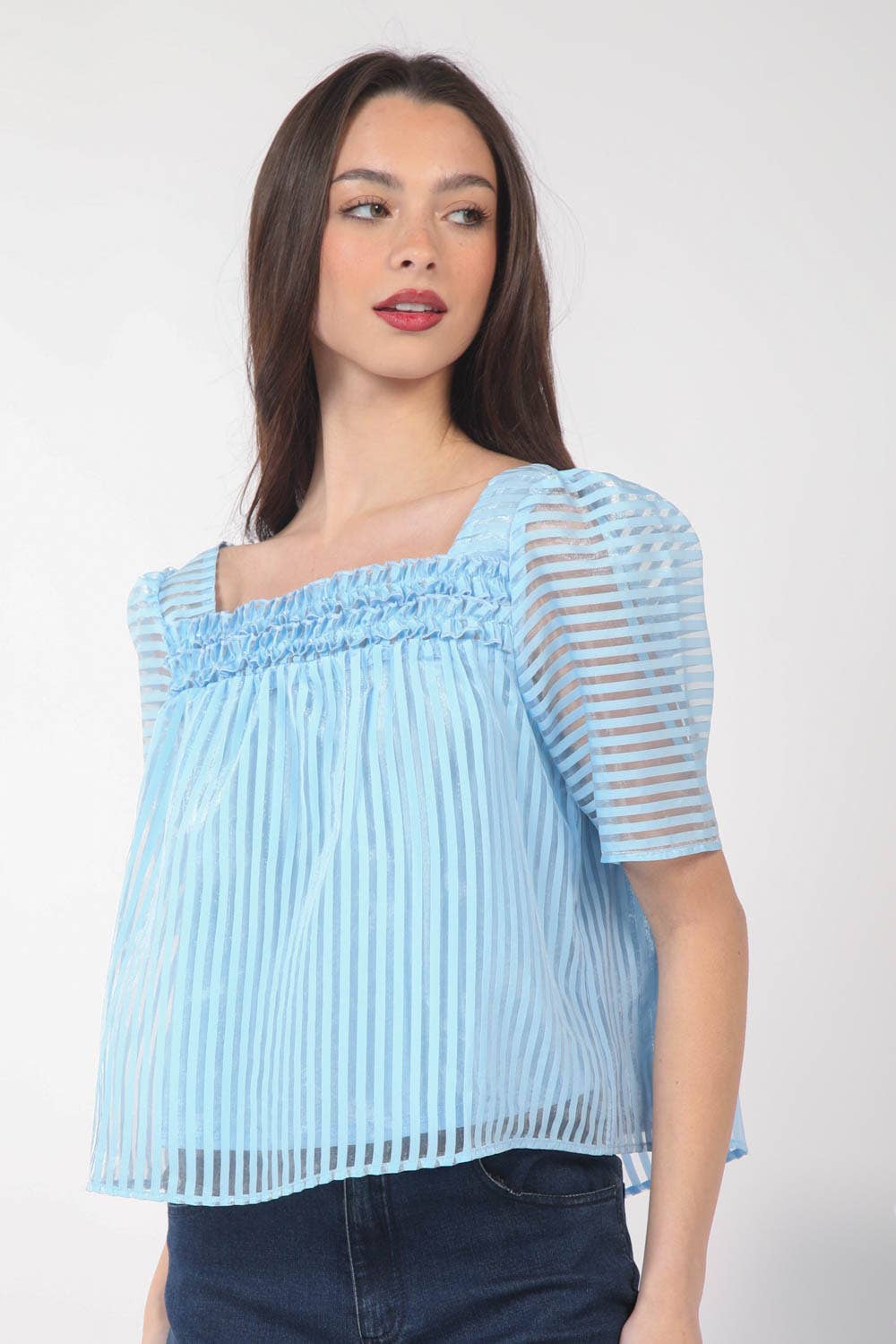 Puff Sleeve Organza Stripe Sheer Blouse Top